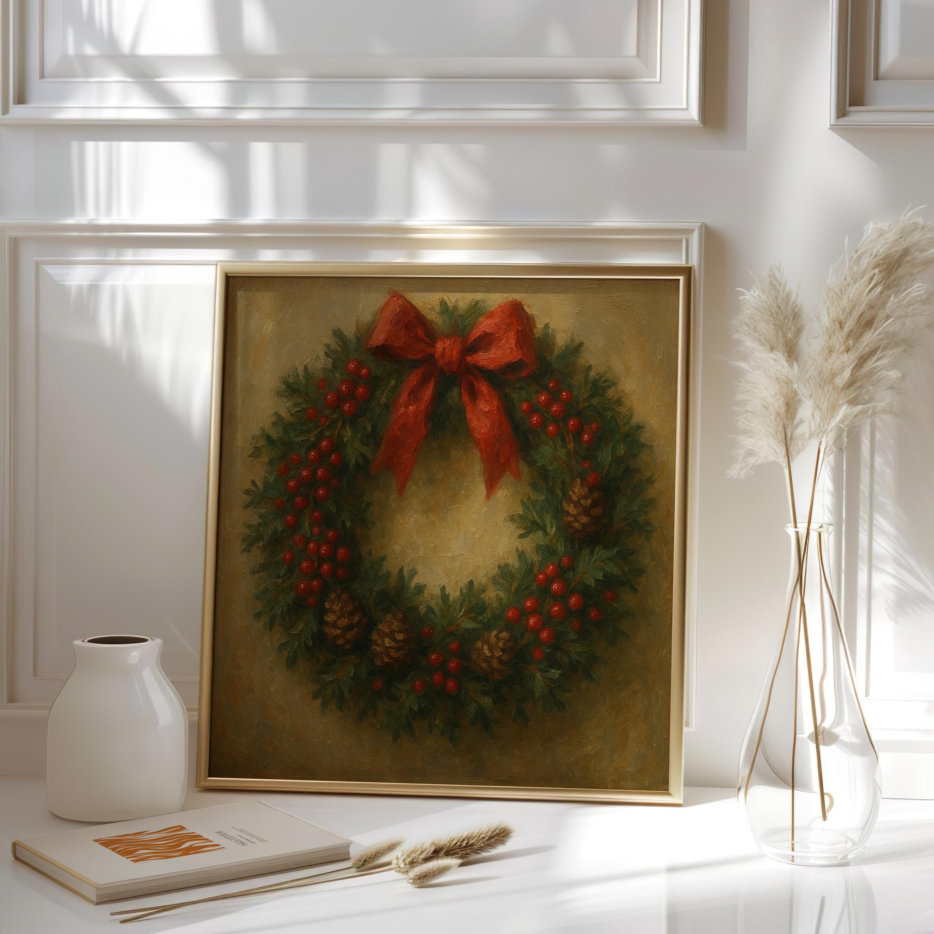 Christmas Wreath Art Winter Art Print Red Berries Art From