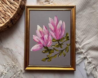 Original Oil Painting Magnolia Art  Painting Floral Artwork Spring Pink White Flowers Hand Painted Art Moody Still Life Oil Painting