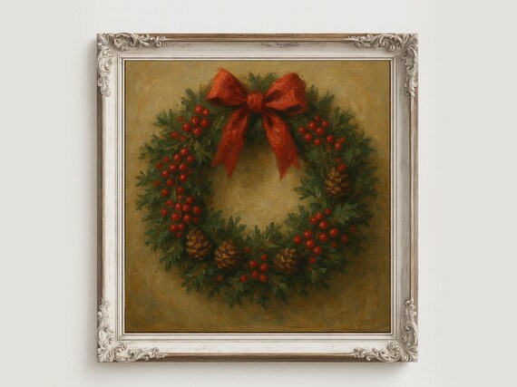 Christmas Wreath Art Winter Art Print Red Berries Art From