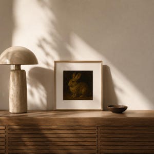 Puede incluir: Una impresi&oacute;n cuadrada enmarcada que muestra un conejo marr&oacute;n sobre un fondo oscuro, presentada en un marco de madera clara con un paspart&uacute; blanco. La obra est&aacute; colocada junto a una l&aacute;mpara beige con forma de seta y un peque&ntilde;o cuenco marr&oacute;n oscuro.