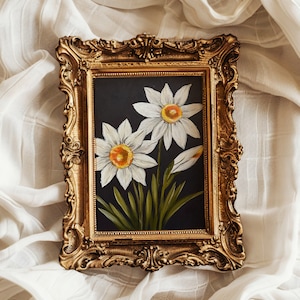 Daffodils Still Life Painting 8 x 10 in Moody Antique Original Dark Classic Oil Painting Daffodil Spring Wall Art Yellow Flower Art