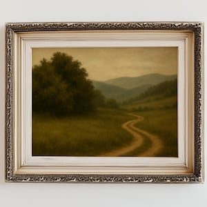 Affiche originale de peinture à l&#39;huile de paysage de prairie, impression d&#39;art mural campagne de mauvaise humeur, peinture de champ vert tendre, affiche de sentier de nature paisible