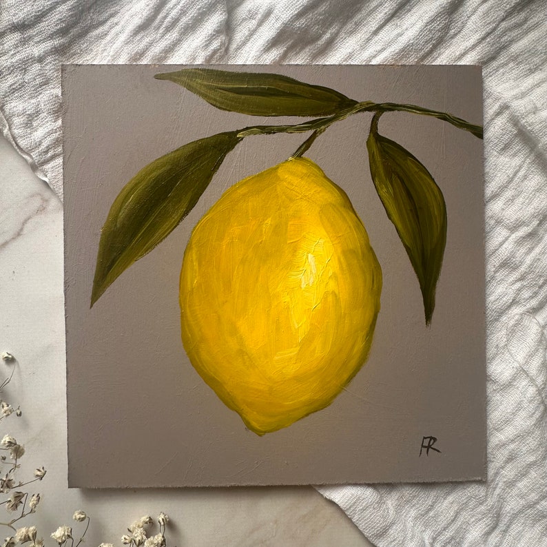 Original Oil Painting Lemon Painting Hand Painted Art Unframed Lemon Still Life Painting Lemon Wall Art Fruit Artwork Moody Oil Painting image 8