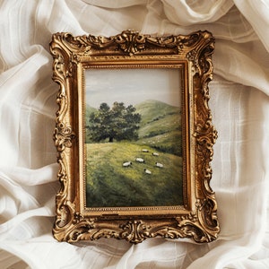 Impresión de ovejas, pintura original, póster de ovejas, cordero, pintura al óleo, paisaje de montaña, roble, arte, pintura original