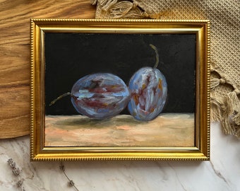 Plums Painting Fruit Oil Painting Original Still Life Art Moody Dark Purple Classic Oil Painting Fruit Wall Art Decor Painting for Kitchen