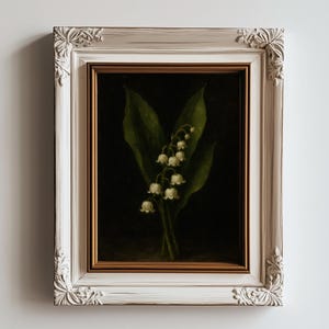 Maiglöckchen Ölgemälde Druck - Stimmungsvolle botanische Wandkunst, rustikales Blumendekor für das Interieur im Landhausstil