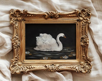 Pintura de cisne de mal humor oscuro. Imprimir. Obra de arte original al óleo con nenúfares, lago y loto - Decoración de pared de pájaros animales