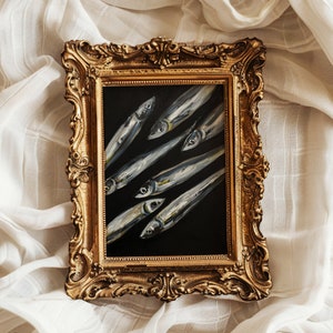 Sardine Art Print Original Oil Painting Moody Still Life for Farmhouse Kitchen Wall Art French Home Decor Gift