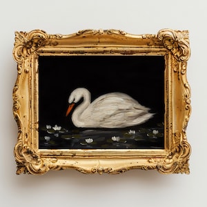 Swan Print 11x 14 in Original Oil Painting Bird Moody Artwork with Water Lilies, Lake, and Lotus - Animal Bird Wall Decor