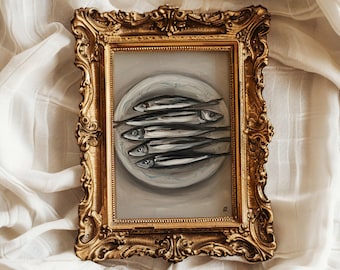 Sardines Print Oil Painting Original Still Life Food Art Poster Fish Moody Oil Painting Farmhouse French Kitchen Wall Art Home Decor