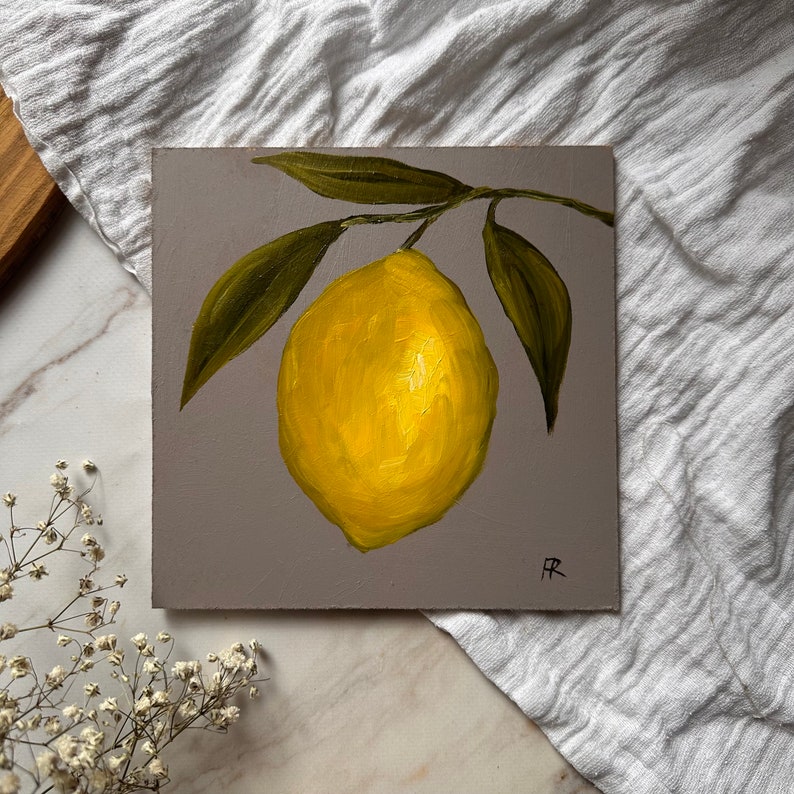 Original Oil Painting Lemon Painting Hand Painted Art Unframed Lemon Still Life Painting Lemon Wall Art Fruit Artwork Moody Oil Painting image 3