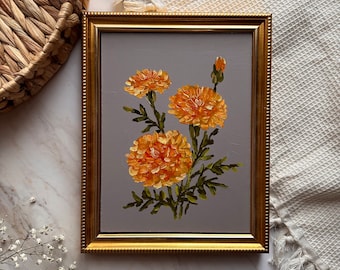 Original Oil Painting Marigold Tagetes Flowers Art Floral Artwork Spring Orange Flowers Hand Painted Art Moody Still Life Oil Painting