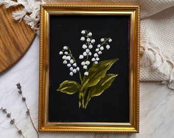 Original Oil Painting Lily of the Valley Art Floral Artwork Spring White Flowers Hand Painted Art Moody Still Life Oil Painting