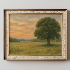 Stampa artistica originale di &quot;Sunset Meadow&quot;, poster di un pascolo di campagna con quercia e pecore, paesaggio suggestivo da parete, stampa della natura rurale