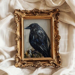 Impresión de cuervo, pintura al óleo original de cuervo, pájaro, animal, cuervo, obra de arte, arte de pared de pájaro, decoración de casa de campo, pintura melancólica, arte animal del bosque