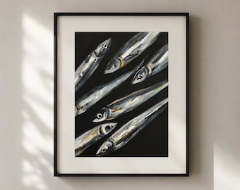 Sardine Wall Art Print, Coastal Kitchen Decor, Anchovy Artwork, Mediterranean Fish Print, Nautical Wall Art, Seafood Kitchen Decor