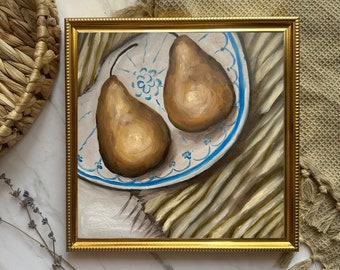 Pear Oil Painitng Original Artwork Pear Still Life Art Moody Still Life Fruit Art Original Oil Painting French Home Decor