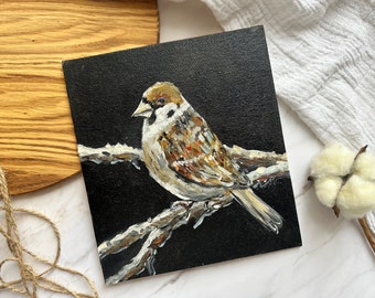 Sparrow Oil Painting Original Hand Painted Art Bird Oil Painting Moody Animal Art Sparrow Artwork Farmhouse Wall Decor Classic Oil Painting