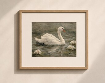 White Swan Oil Painting Original Print, Impressionist Lake Art with Water Lilies, Wall Decor, Neutral Vintage Nature Artwork