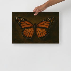 Monarch Butterfly Wall Art – Moody Oil Painting Print, Orange Insect Still Life, Nature Decor, Horizontal Art