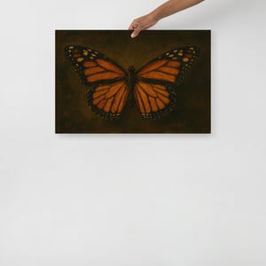 Monarch Butterfly Wall Art – Moody Oil Painting Print, Orange Insect Still Life, Nature Decor, Horizontal Art