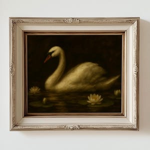 Dark Moody Swan Painting. Print. Original Oil Artwork with Water Lilies, Lake, and Lotus - Animal Bird Wall Decor