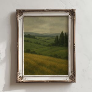 Original Oil Original Landscape Painting Countryside Art Print Golden Field, Green Meadow, Rustic Decor, Moody Nature and Mountain Landscape