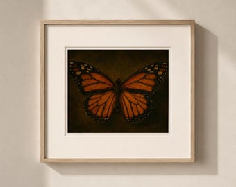 Monarch Butterfly Original Oil Painting Print Wall Art – Moody Oil Painting Print, Orange Insect Still Life, Nature Decor, Horizontal Art