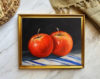 Pintura de manzana Impresión de arte Pintura de bodegones Arte de pared de manzana Pintura original Pintura al óleo pequeña Decoración de pared de granja Pintura de frutas.