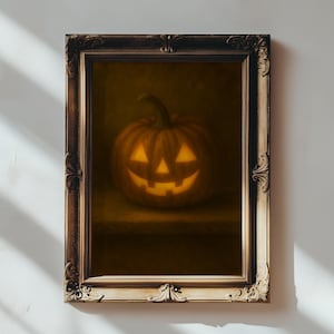 Stampa di natura morta con zucca di Halloween - Dipinto a olio malinconico per decorazioni autunnali, arte murale autunnale rustica, stile classico e spettrale per la casa