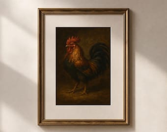 Hahn Original Ölgemälde Druck - Vogel Rustikale Bauernhaus Wandkunst, klassisches Huhn Kunstwerk, Bauernhof Tiere Land Küche Dekor