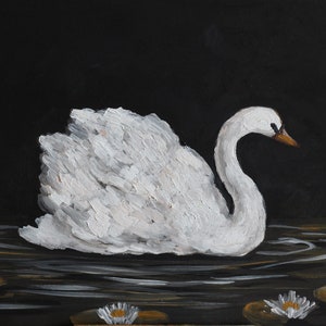 Dark Moody Swan Painting. Print. Original Oil Artwork with Water Lilies, Lake, and Lotus Animal Bird Wall Decor image 6