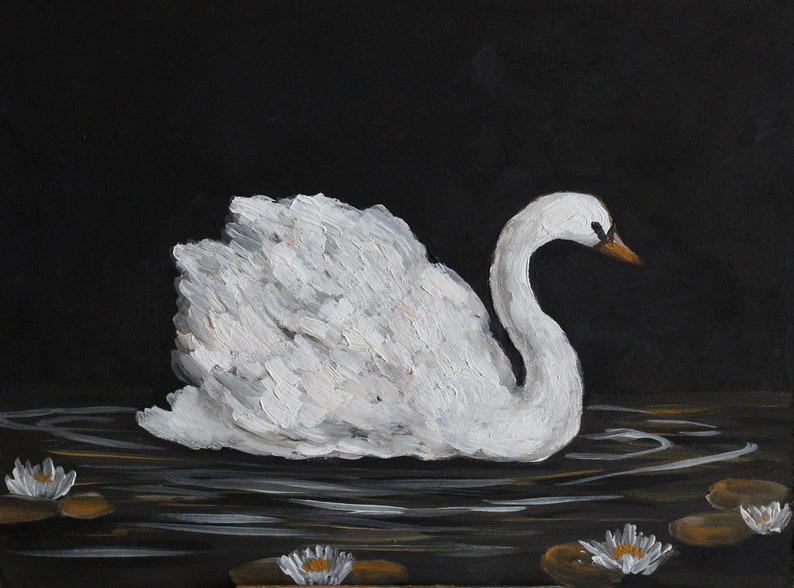 Dark Moody Swan Painting. Print. Original Oil Artwork with Water Lilies, Lake, and Lotus Animal Bird Wall Decor image 6