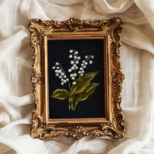 Impresión de lirio de los valles, pintura al óleo original, póster artístico, obra de arte floral, flores blancas de primavera, pintura al óleo clásica de humor, decoración del hogar de Pascua