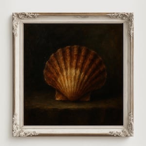 Scallop Shell Wall Art – Moody Still Life Classic Oil Painting Print, Dark Coastal Nautical Artwork, Rustic Seashell Kitchen Decor