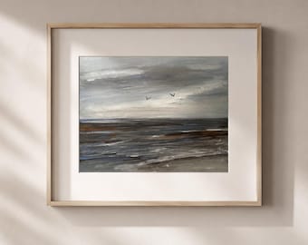 Zeegezicht origineel schilderij meeuwen landschap kunstwerk kust strand muur kunst decor