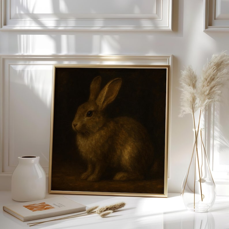 Puede incluir: Una impresi&oacute;n de arte de pared cuadrada enmarcada que muestra un conejo marr&oacute;n sobre un fondo oscuro. La obra de arte est&aacute; encerrada en un marco dorado fino. El conejo se muestra de perfil, mirando hacia la izquierda, con pelaje detallado y orejas largas.