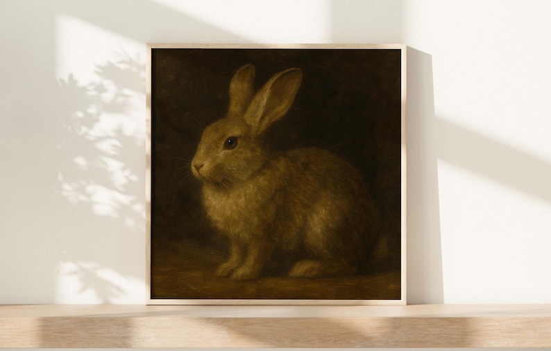 Puede incluir: Una impresi&oacute;n de arte mural cuadrada que presenta una pintura detallada de un conejo marr&oacute;n con orejas largas, sobre un fondo oscuro y sombr&iacute;o. La obra est&aacute; enmarcada en madera clara, ofreciendo una representaci&oacute;n realista del animal.