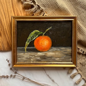 Tangerine Art, Moody Still Life Oil Painting: Clementine Fruit Art, French Farmhouse Boho Décor, Handmade Original Oil Painting