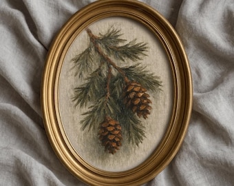 May include: An oval-shaped gold frame containing a painting of a pine branch with two brown pinecones. The artwork features dark green needles and textured brown cones set against a neutral, light-colored background within the frame.