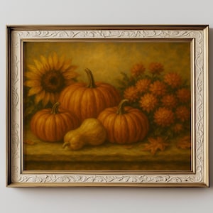 Stampa di natura morta con zucca - Pittura a olio autunnale, decorazione da parete per la cucina, decorazione floreale rustica del Ringraziamento