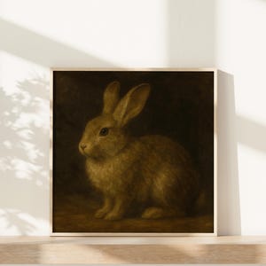 Puede incluir: Una impresi&oacute;n de arte de pared cuadrada enmarcada que presenta una pintura detallada de un conejo marr&oacute;n sentado de perfil. El conejo tiene orejas largas, ojos oscuros y pelaje texturizado, sobre un fondo oscuro, sombr&iacute;o y sombreado en un marco de madera clara.