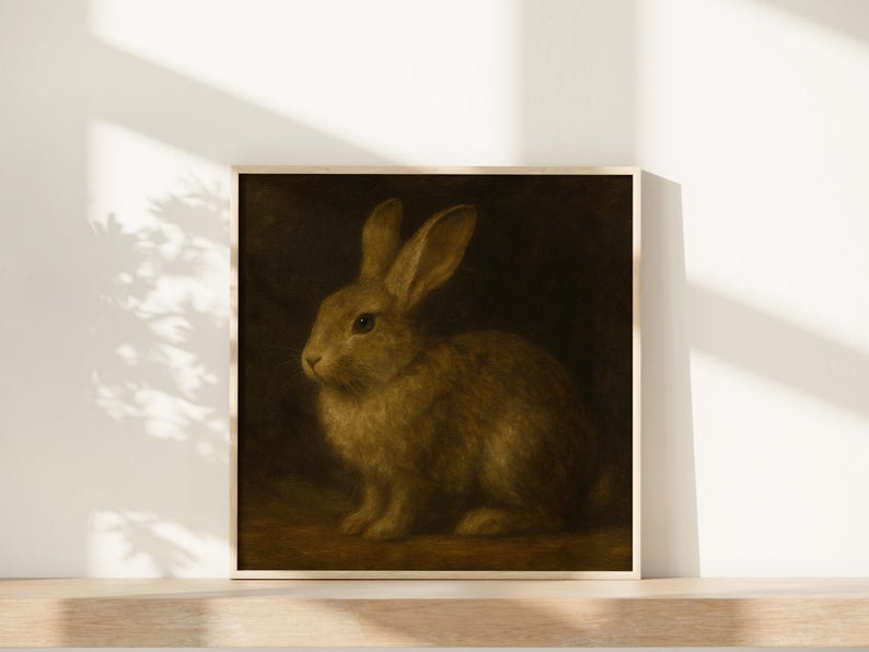 Puede incluir: Una impresi&oacute;n de arte de pared cuadrada enmarcada que presenta una pintura detallada de un conejo marr&oacute;n sentado de perfil. El conejo tiene orejas largas, ojos oscuros y pelaje texturizado, sobre un fondo oscuro, sombr&iacute;o y sombreado en un marco de madera clara.