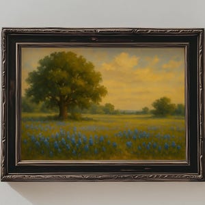 Texas landschapskunst print Texas Bluebonnet schilderij Texas olieverfschilderij originele weide landschap muur kunst eiken boom en wilde bloemen kunst