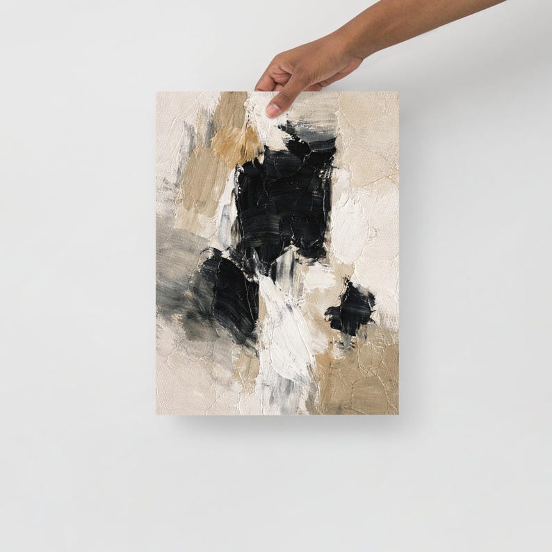 Abstract Neutral Original Oil Painting Print Modern Minimal Artwork Textured Beige Black Wall Art Poster