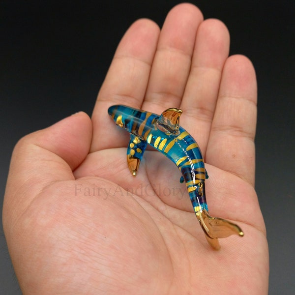 Tiny Bull shark glass blown figurine , blue