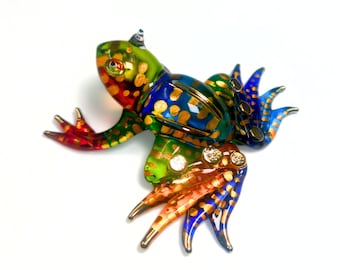 Figurine en verre soufflé de grenouille faite à la main - petite grenouille, décoration de jardin, figurine en verre d'arc-en-ciel, point d'or, garniture d'or