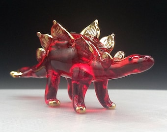 Tiny Stegosaurus glass blown figurine , Strawberry Stegosaurus, Red Dinosaur