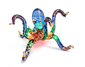 Blown Glass Octopus Miniature, Sea Animal Art Glass Sculpture, Kraken Glass Miniature, Ocean Art Glass Animal Room Decor, Handmade Gift