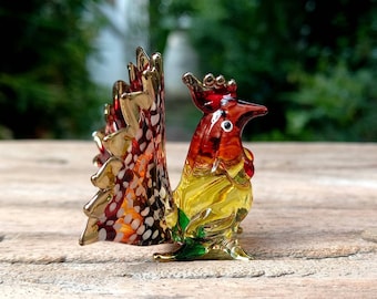 Hand Blown Glass Hen Figurine | Colorful Chicken Miniature | Handmade Bird Collectible Decor Art